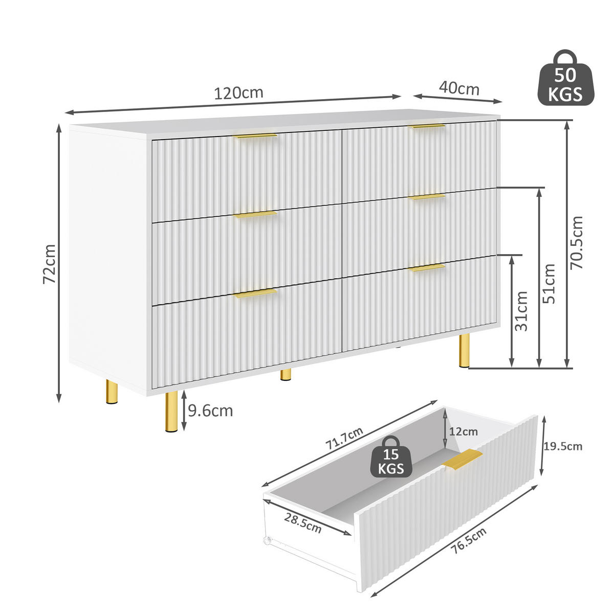 KOMMODE 120/40/72 cm mit 6 Schubladen, MDF mit goldfarbenen Metallbeinen, Weiß - Weiß, Holzwerkstoff (120/72/40cm) - Redom