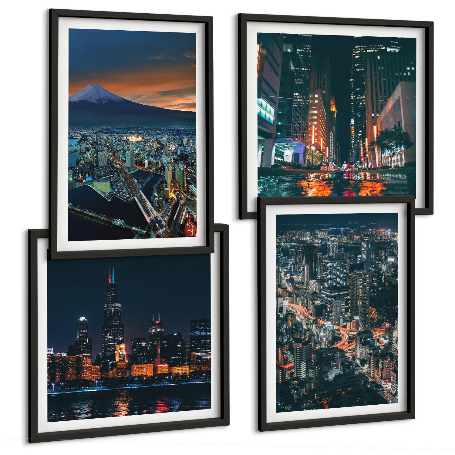 BILDER SET 4er Set - 50x50 cm & 40x60 cm Schwarzer Rahmen - Bergpanorama der Stadt bei Nacht - Schwarz, Kunststoff (50/50cm) - TULUP