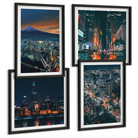 BILDER SET 4er Set - 50x50 cm & 40x60 cm Schwarzer Rahmen - Bergpanorama der Stadt bei Nacht - Schwarz, Kunststoff (50/50cm) - TULUP