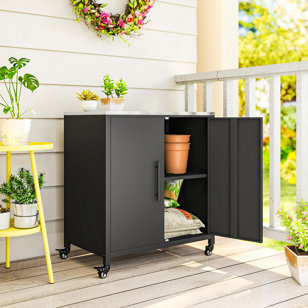 PFLANZTISCH mit Stauraum 80/50/90 cm - Schwarz, Metall (50/90/80cm) - Outsunny