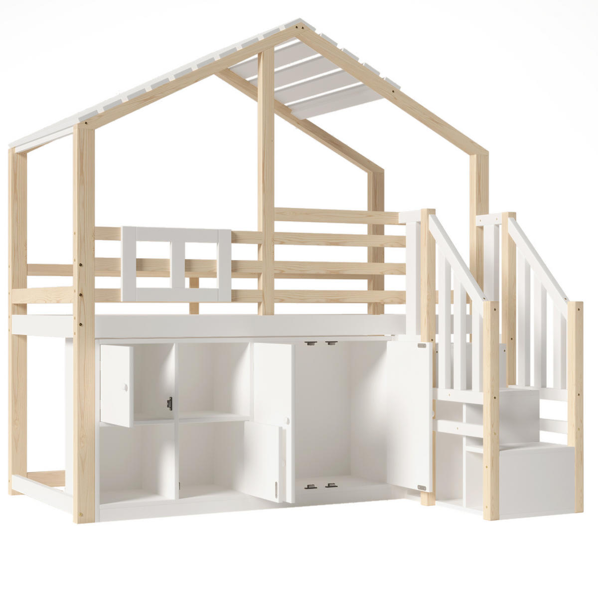 HOCHBETT 90/200 cm mit Stauraumleiter, Schließfächern und Hausdesign aus Massivholz, Weiß/Natur - Weiß, Holz (90/200cm) - Redom