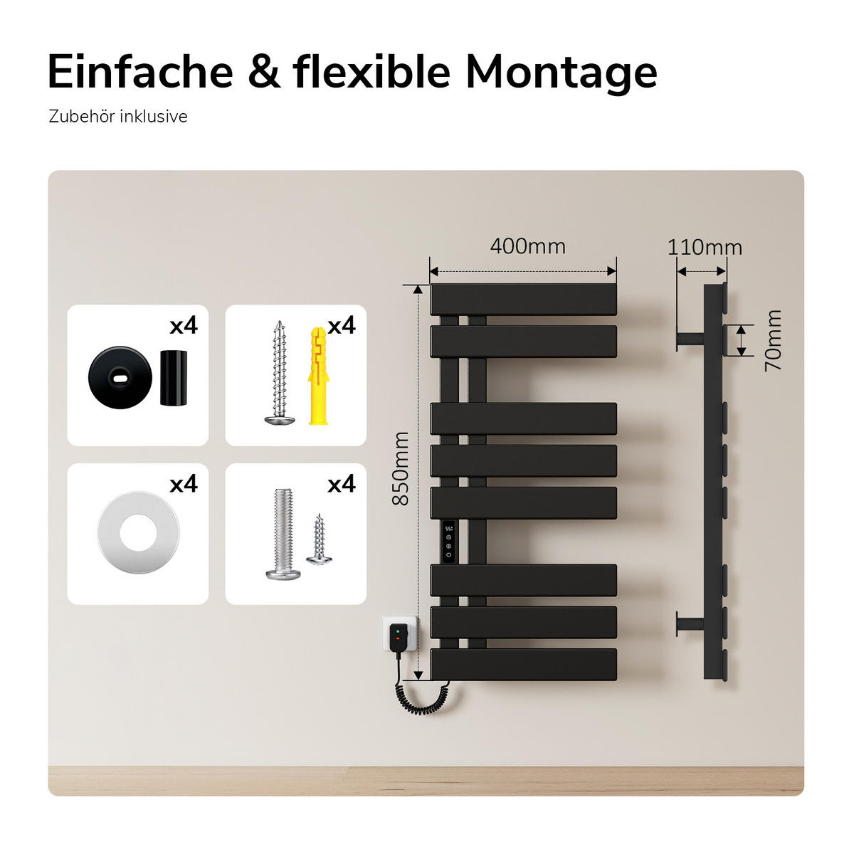 HEIZKÖRPER Elektrisch WLAN Thermostat Schwarz 85/40 cm - Schwarz, Metall (40/85/11cm) - EMKE