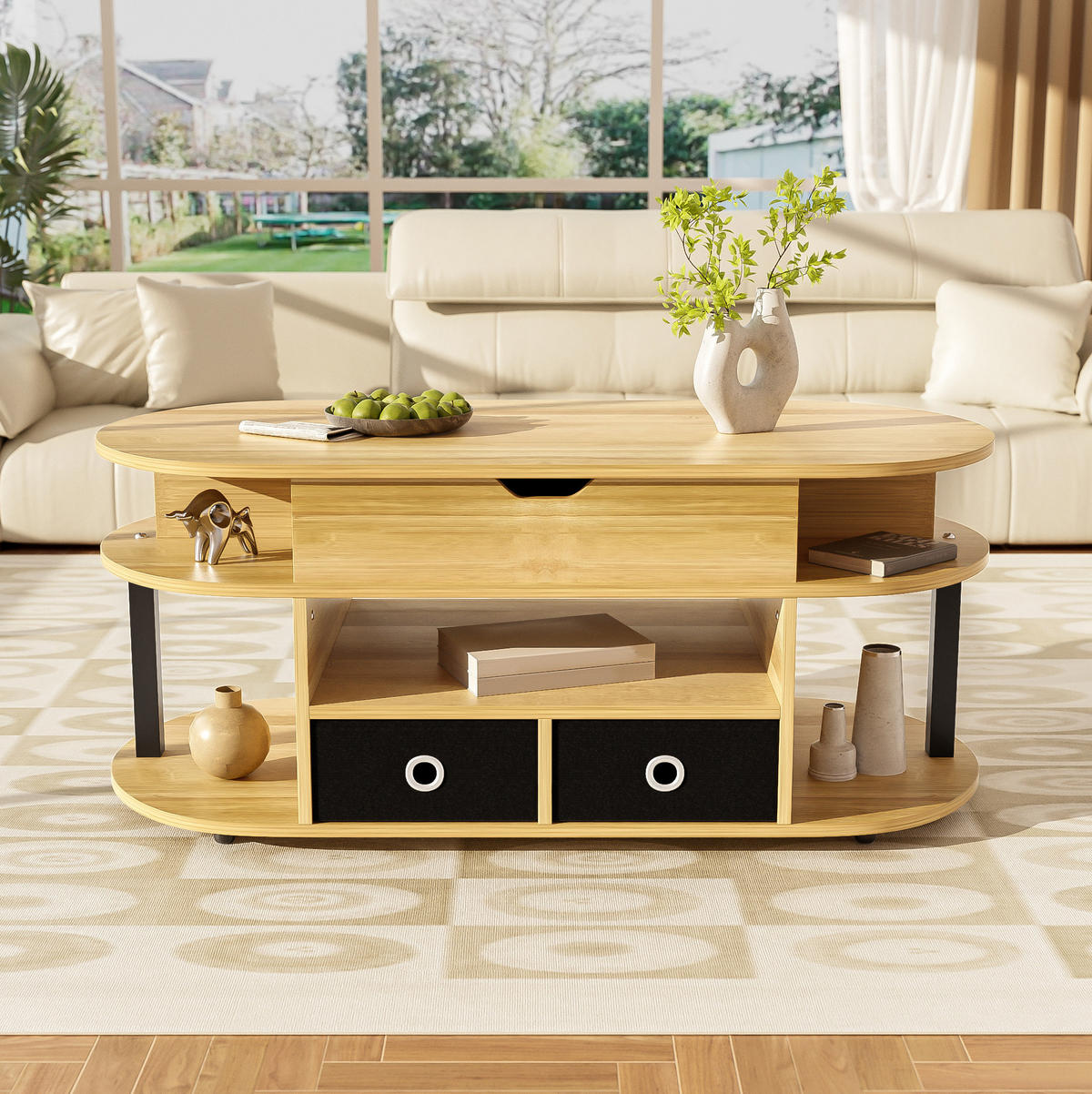 COUCHTISCH 105/50/60 cm Holzmaserung mit Hebefunktion und 2 Stoffschubladen - Schwarz, Holzwerkstoff (105/50/60cm) - OKWISH