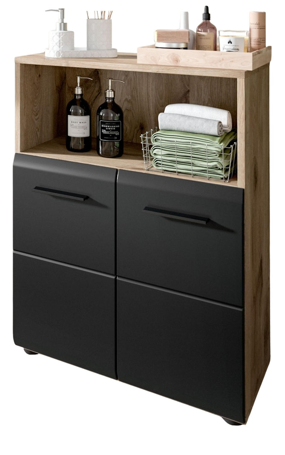 MIDISCHRANK schwarz matt, Eiche 2-türig, Badkommode 60 cm - Eichefarben/Schwarz, Holzwerkstoff/Kunststoff (60/80/30cm) - Inn.Furn