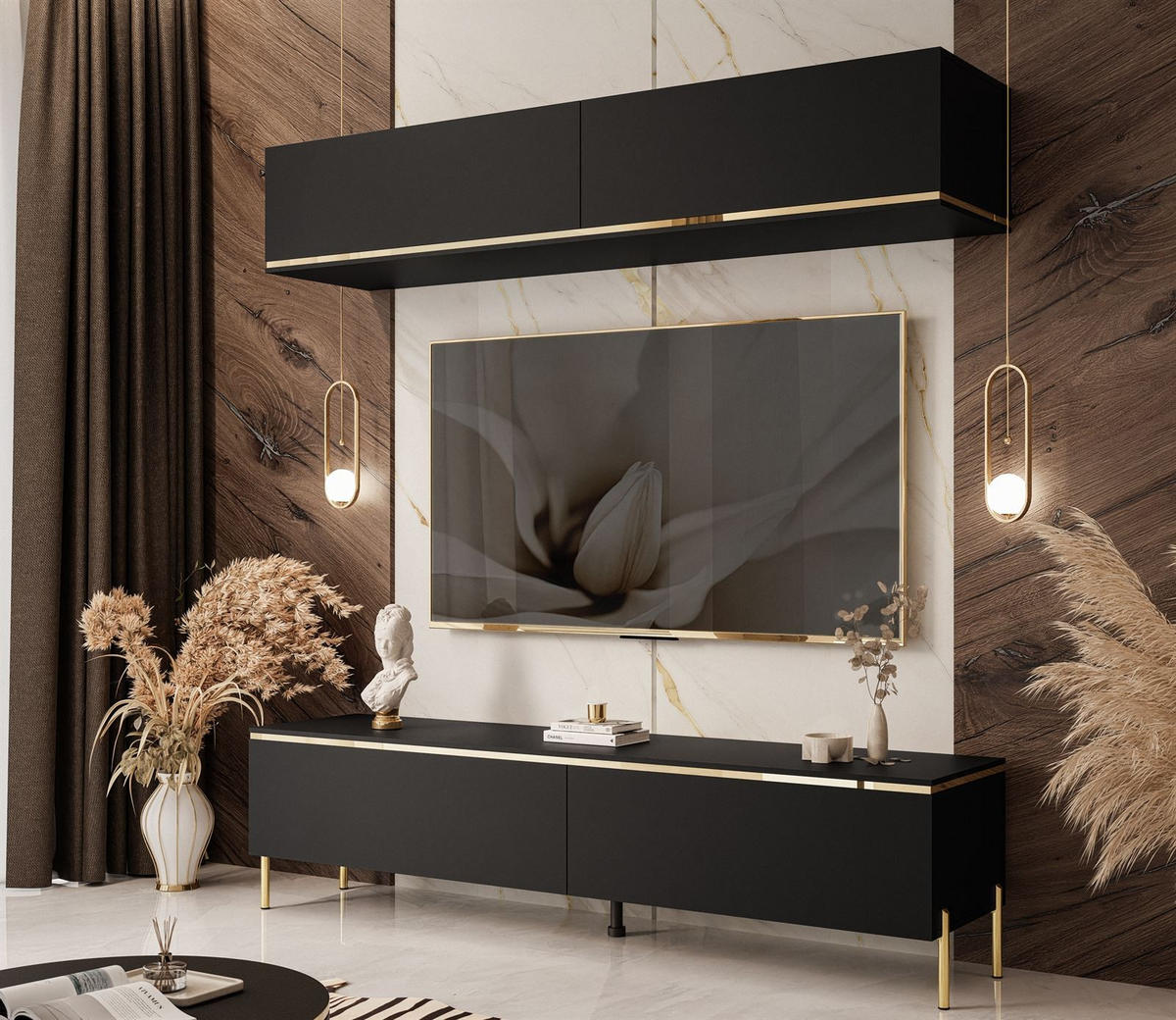 WOHNWAND AURORA in Schwarz Matt mit gerade Goldchrom Fuße - Goldfarben/Schwarz, Holzwerkstoff/Metall (180/46/40cm) - Lookway