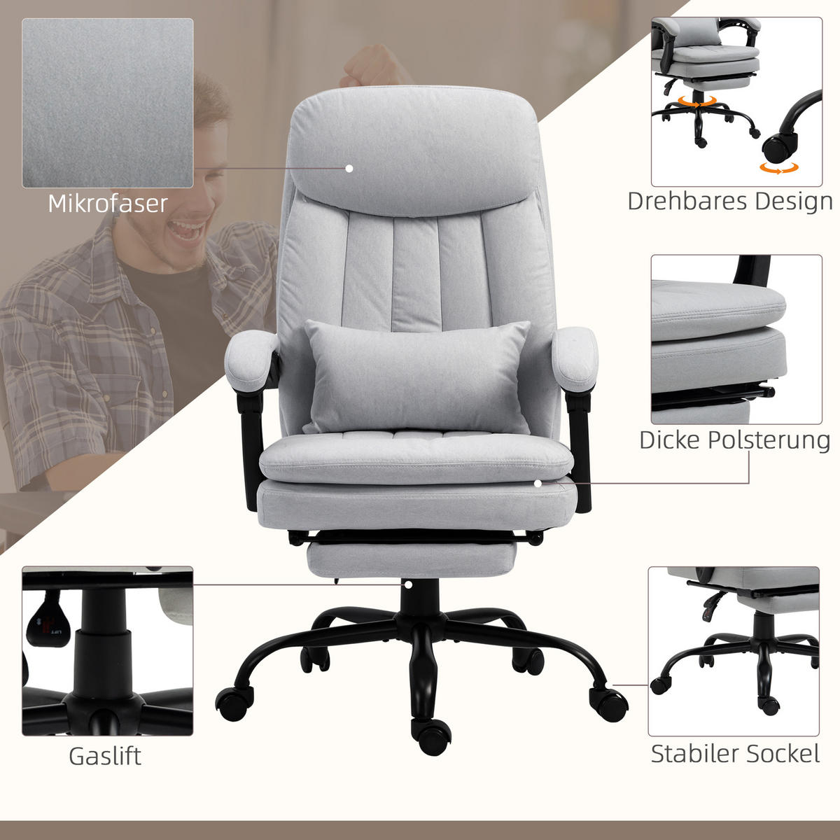 MASSAGE-BÜROSTUHL, Polyester, Stahl, Grau - Grau, Kunststoff/Metall (67/118/66cm) - Vinsetto