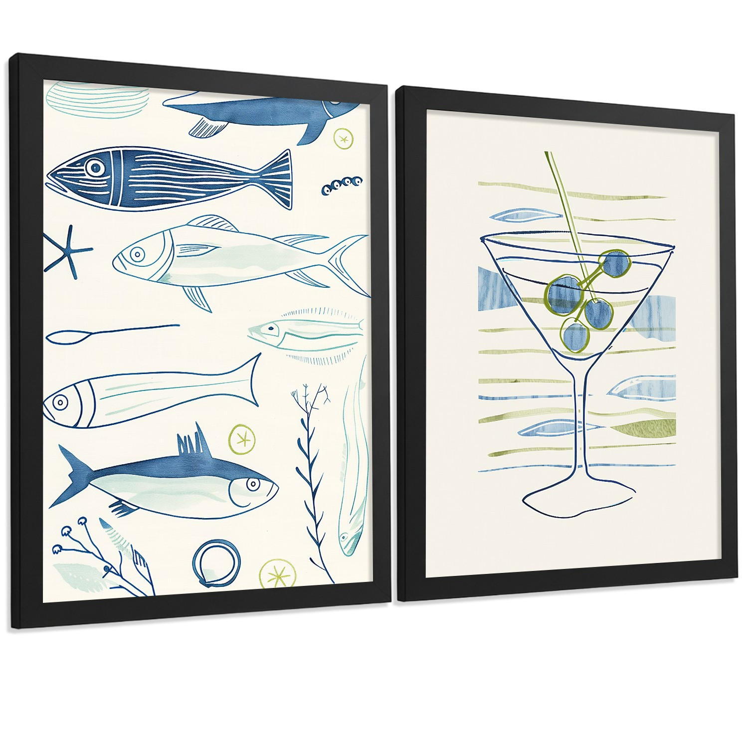 POSTER 2er Set Küchen-Wandbilder Fische Strichzeichnung und Martini Aquarell Minimalistisch Wanddeko Rahmenlos A3 - Schwarz, Papier (29.7/1/42cm) - Nacnic