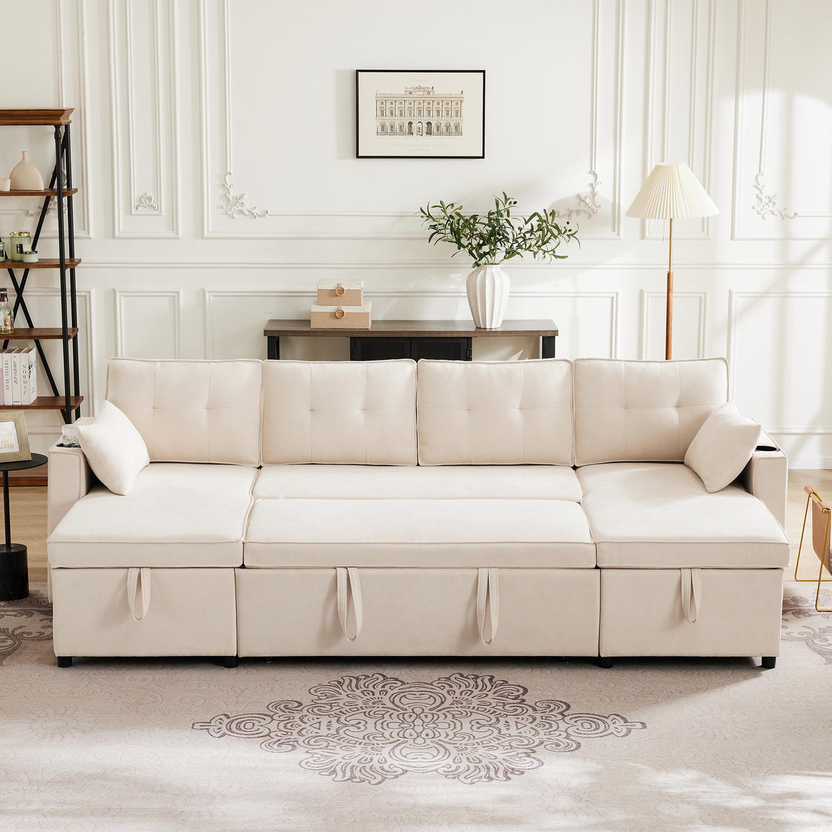 ECKSOFA U-Form Bettfunktion Baumwoll-Leinen Getränkehalter Stauraum Beige - Beige, Holz (123.01/19.71/65.51cm) - FLIEKS