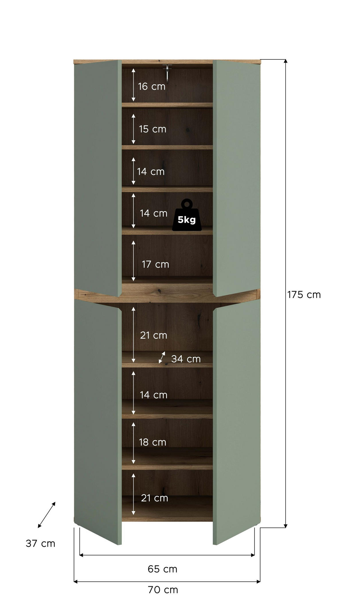 UNIVERSALSCHRANK SCARPA (B/H/T: ca. 70/175/37 cm) in Evoke Oak Nachbildung/Smoke Green - Eichefarben, Holzwerkstoff (70/175/37cm)