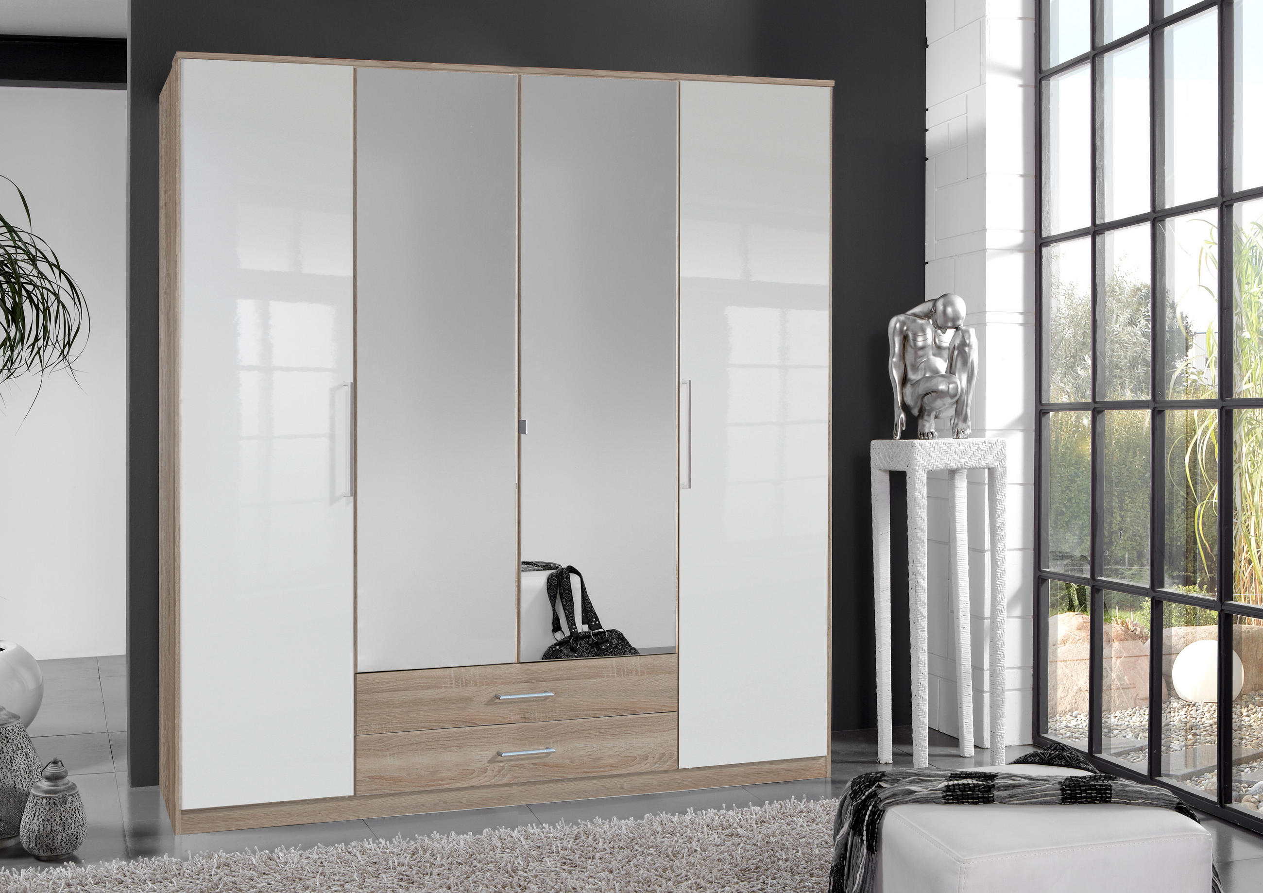 KLEIDERSCHRANK Greven in Hochglanz Lack Weiß mit Eiche Sägerau 179x199x58 cm (BxHxT) – Drehtürenschrank 4-türig mit zwei Spiegeltüren & Schubkästen - Weiß/Braun, Holzwerkstoff (120/200/80cm)