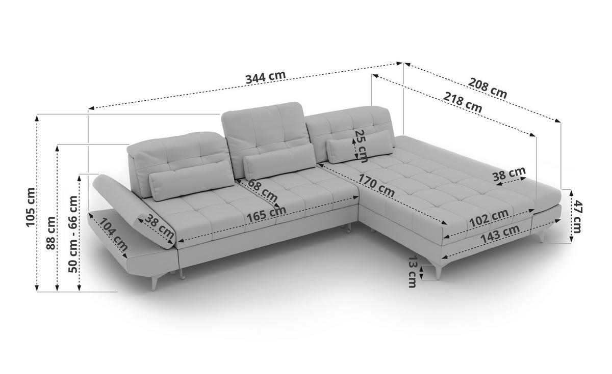 ECKSOFA ALVENO L - Hellbraun Schenille glatt - Rechts Seite - Hellbraun/Schwarz, Textil/Metall (344/218cm) - MKS