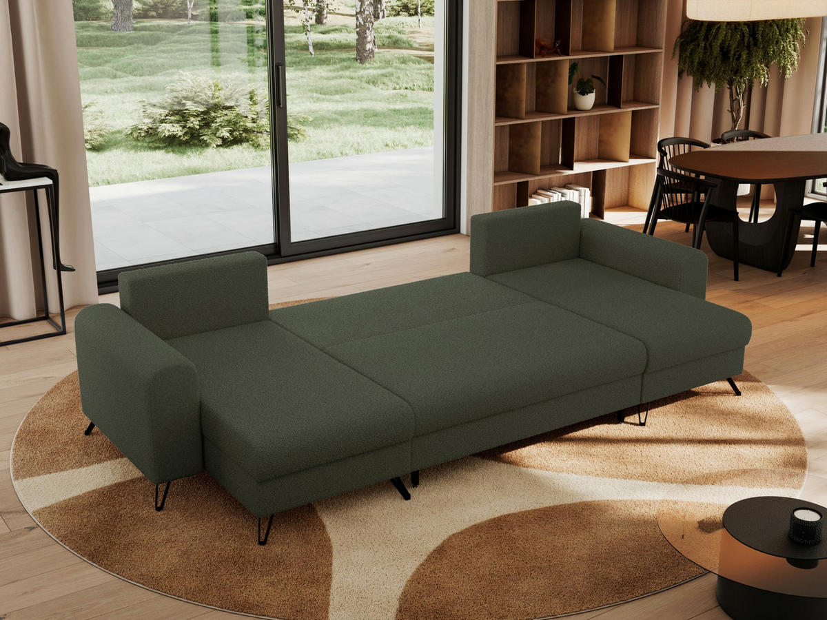 WOHNLANDSCHAFT AXEL U Boucle Grün - Schwarz/Grün, Textil/Metall (312/90/140cm) - MKS