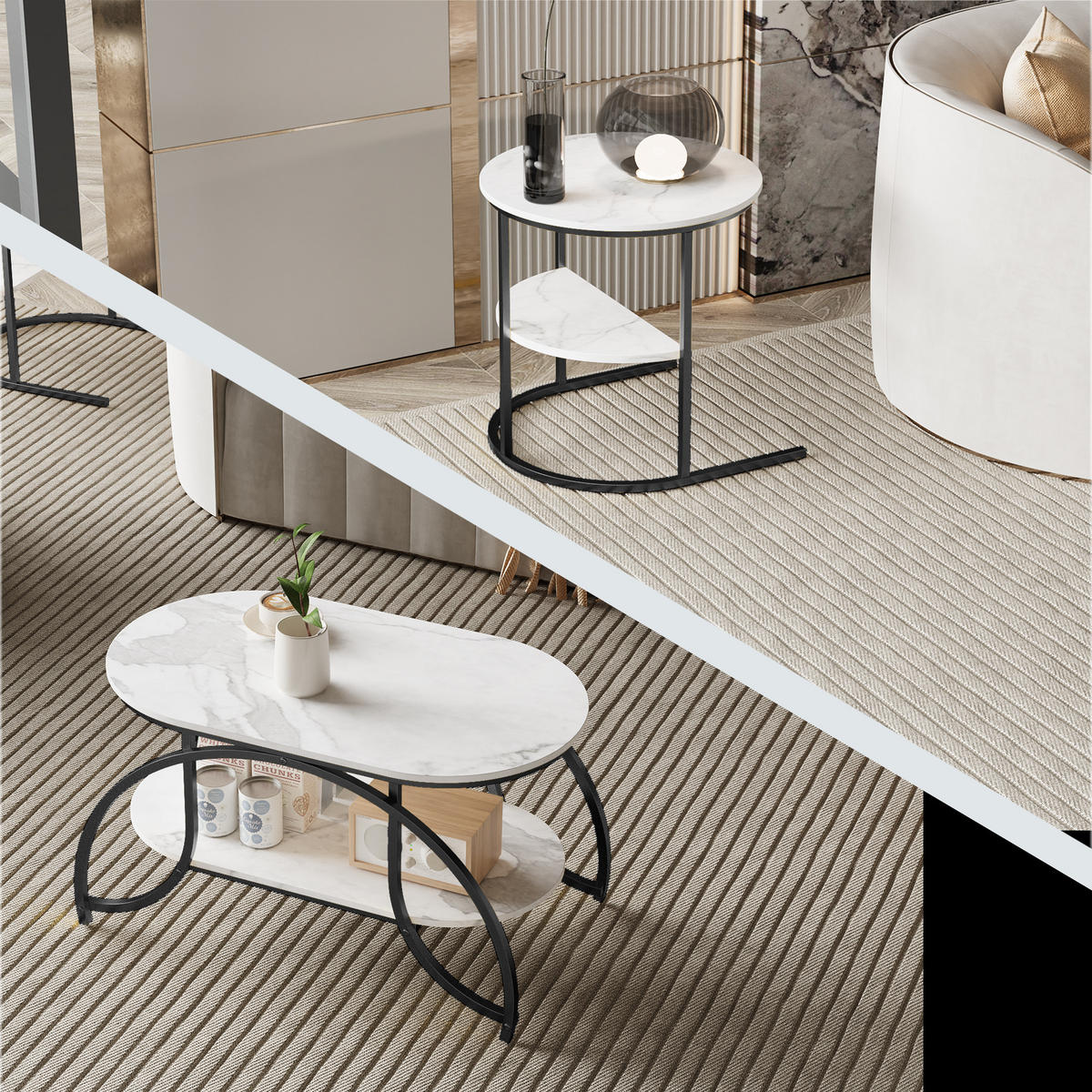 COUCHTISCH 2er Set rund Marmoroptik Metall schwarz weiß - Weiß, Holz (46/80/45cm) - LEBENLANG
