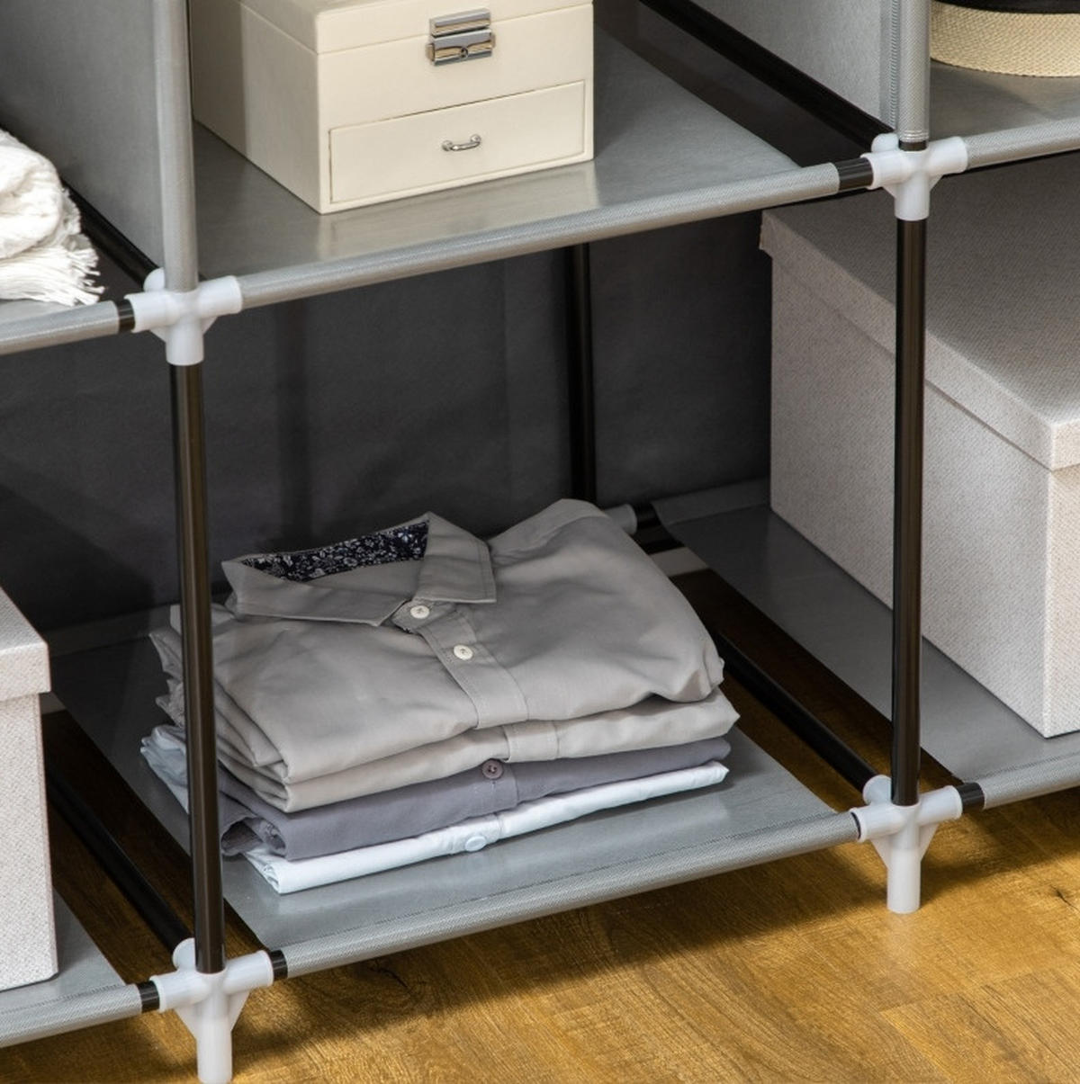 KLEIDERSCHRANK 125/43/162,5 cm dunkelgrau aus Stoff mit 2 Kleiderstangen und 8 Fächern - Dunkelgrau, Textil (43/162.5/125cm) - OKWISH