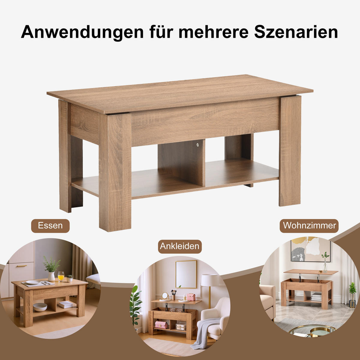 COUCHTISCH mit Lift-Top, Stauraum und Ablagefach, Eiche Optik - Braun, Holz (96/50/47cm) - Urban Meuble