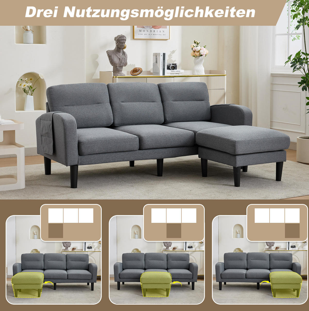 ECKSOFA 204/136/80 cm aus Stoff mit Chaiselongue und seitlichen Aufbewahrungstaschen Grau - Grau, Textil (136/204cm) - Modenvie