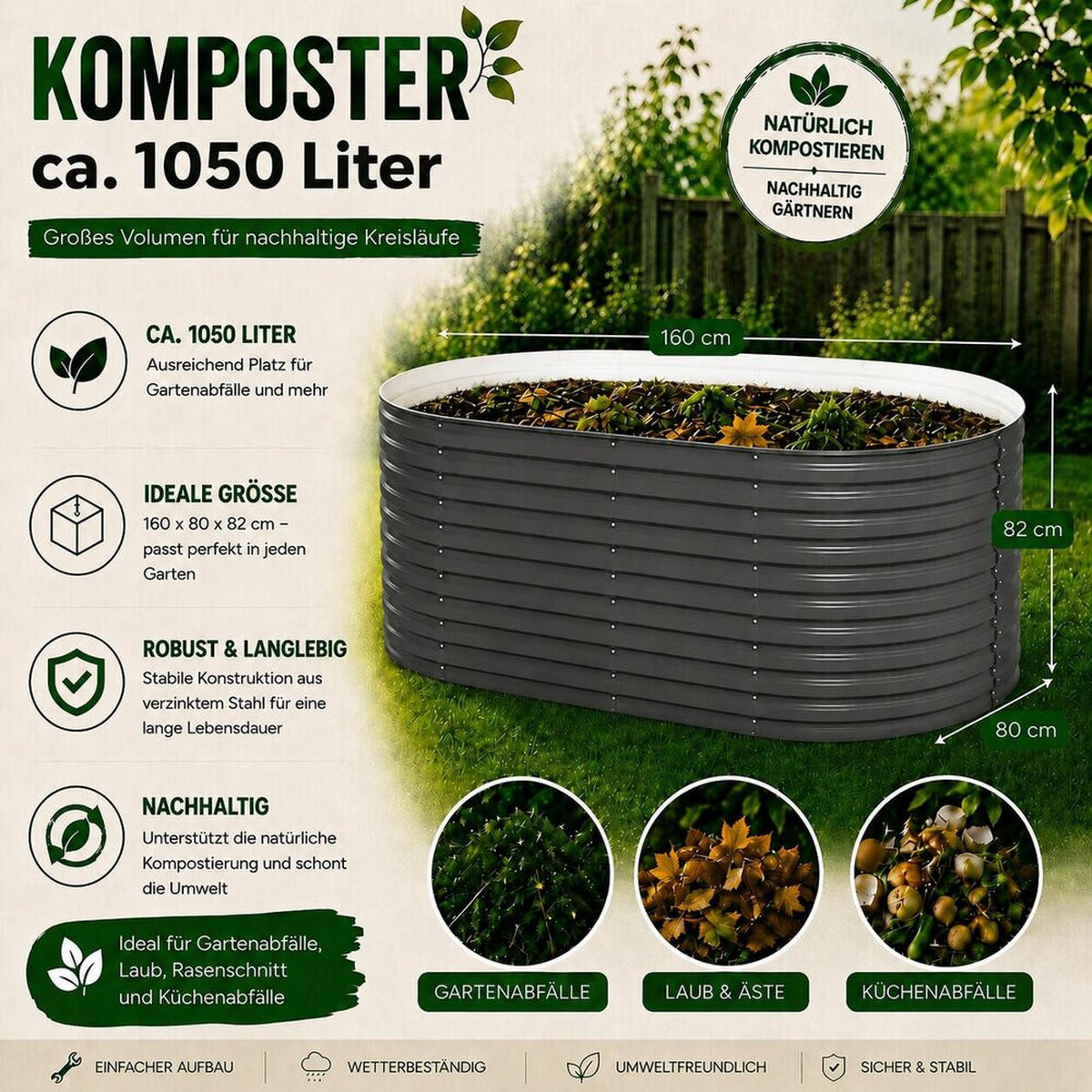 KOMPOSTER Garten, Anthrazit, 160 x 82 cm - Anthrazit, Metall (160/80/82cm) - Vicco