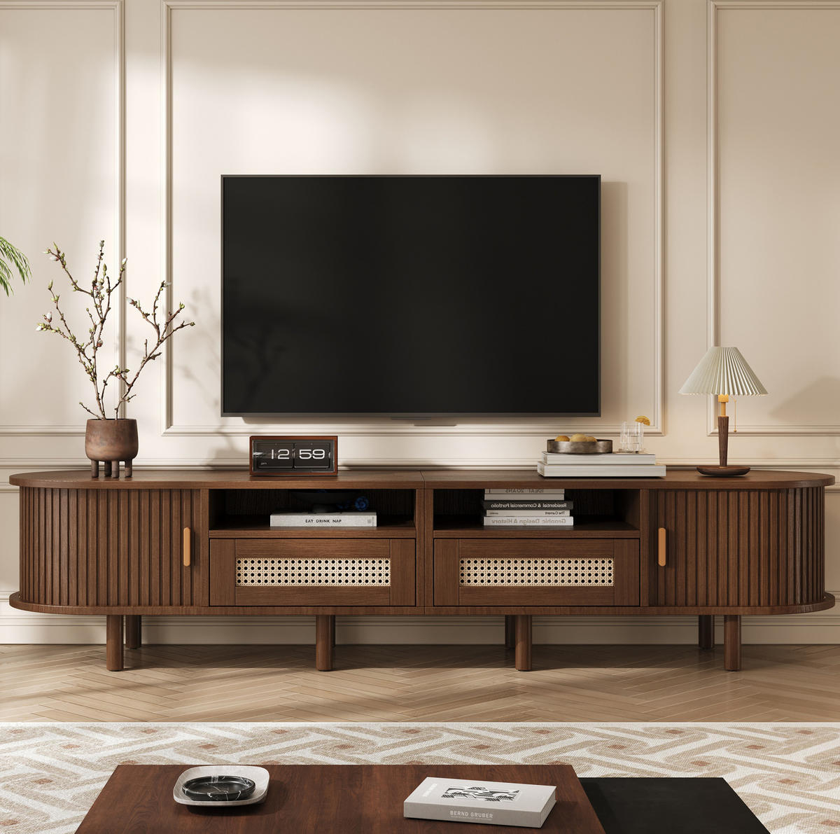 TV ormarić 170/40/40 cm tamni hrast od MDF-a i drva s kliznim vratima i ladicama - smeđa, drvni materijal (170/40/40cm) - OKWISH
