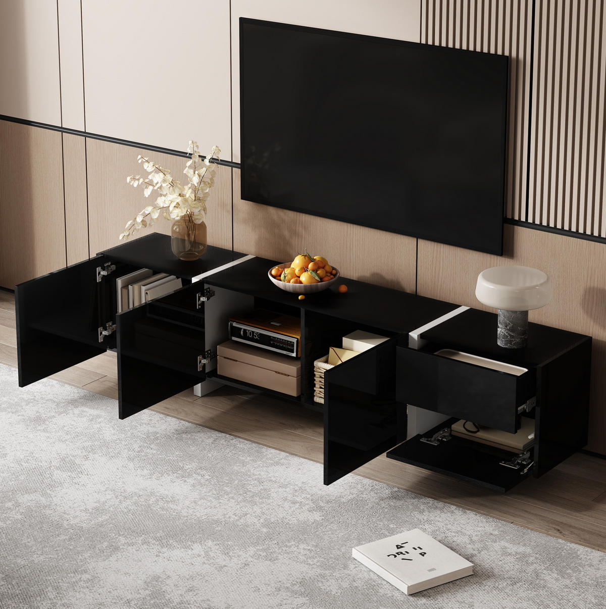 TV-STÄNDER 170/30/39 cm schwarz/weiß Hochglanz mit LED-Beleuchtung und geräumigem Stauraum - Schwarz, Holzwerkstoff (170/39/30cm) - OKWISH