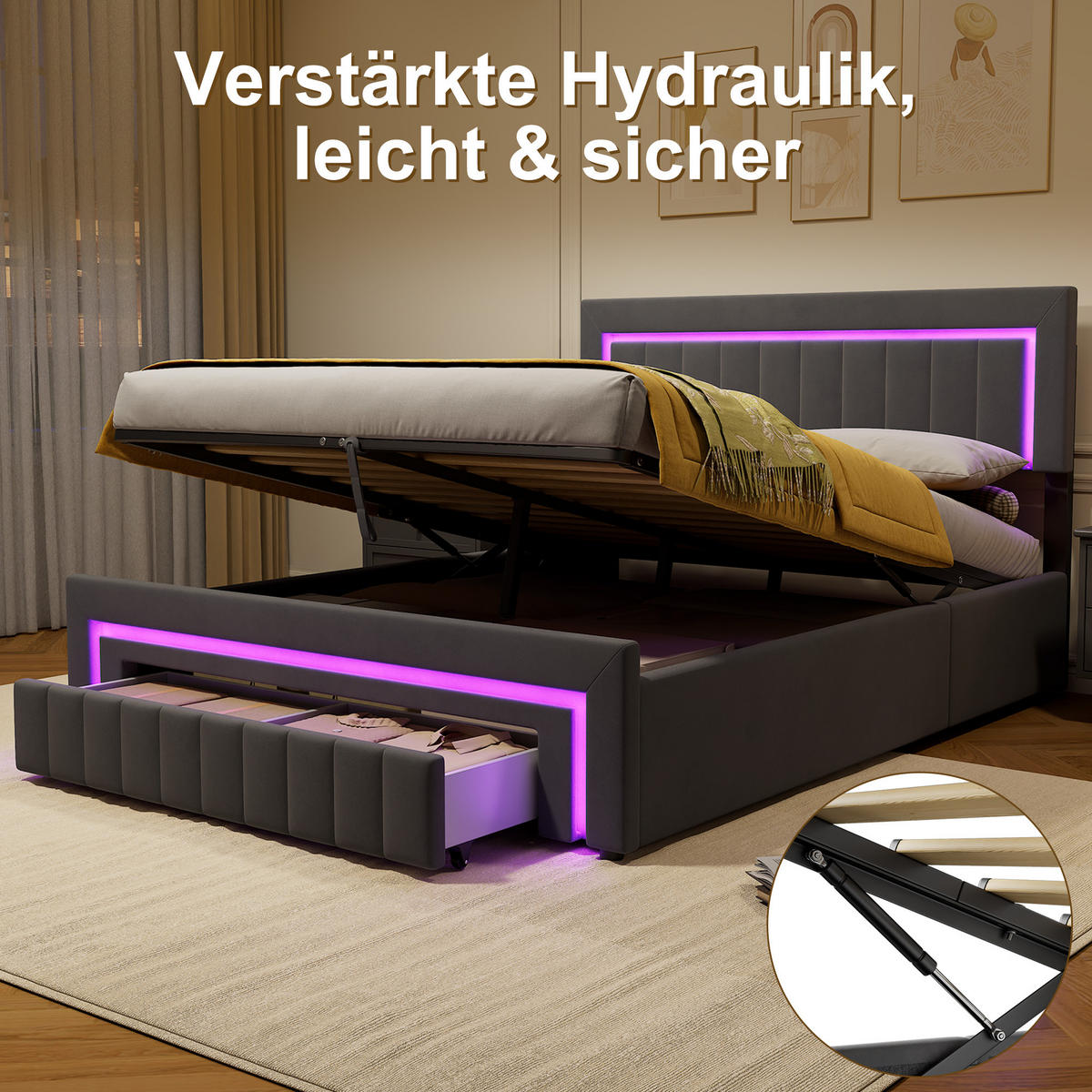POLSTERBETT 160/200 cm in Grau, mit Bettkasten und Schubladen , mit LED, ohne Matratze - Grau, Holzwerkstoff/Textil (160/200cm) - WISHDOR