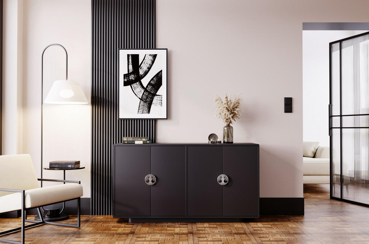 SIDEBOARD Lotta, Schwarz, Silberne Griffen, Abgerundete Kanten - Schwarz, Holzwerkstoff (139/75/40cm) - Dancan