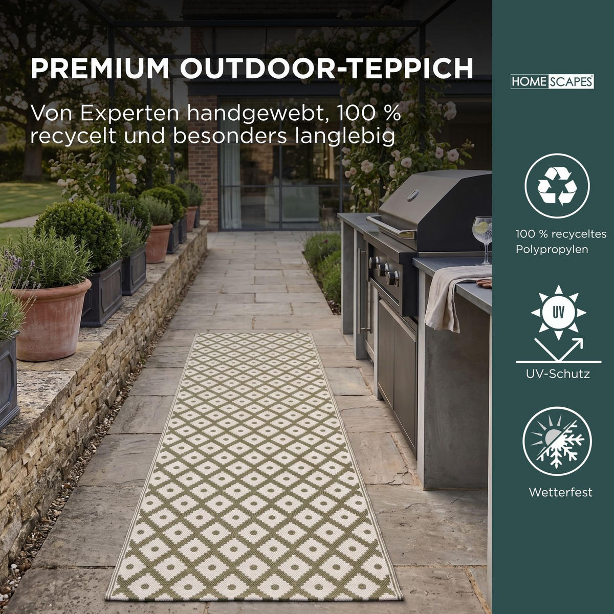 OUTDOORTEPPICH-LÄUFER May, geometrisch gemustert 75/200 cm - Olivgrün, Kunststoff (75/200cm) - Homescapes