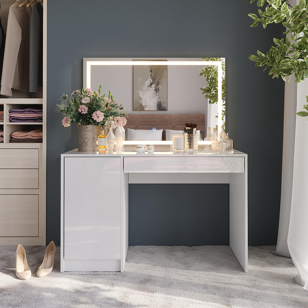 SCHMINKTISCH Sherry Weiß/Weiß Hochglanz 119.8 cm mit LED-Spiegel - Weiß Hochglanz, Holzwerkstoff (119.8/76/50.1cm) - Vicco