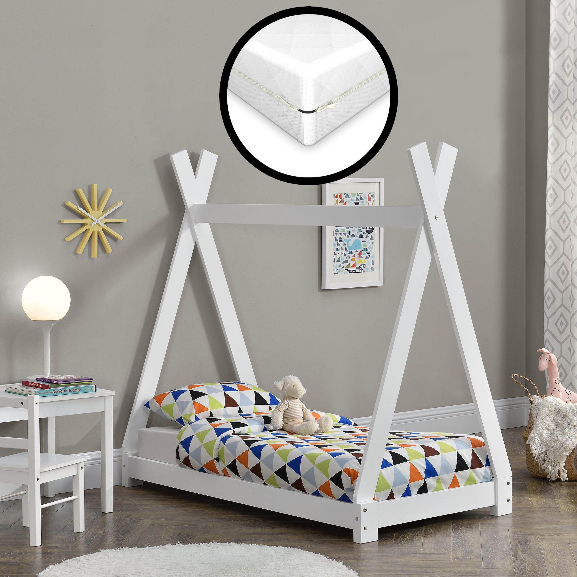 KINDERBETT Onejda mit Matratze - Weiß, Holz/Textil (70/140cm) - [en.casa]