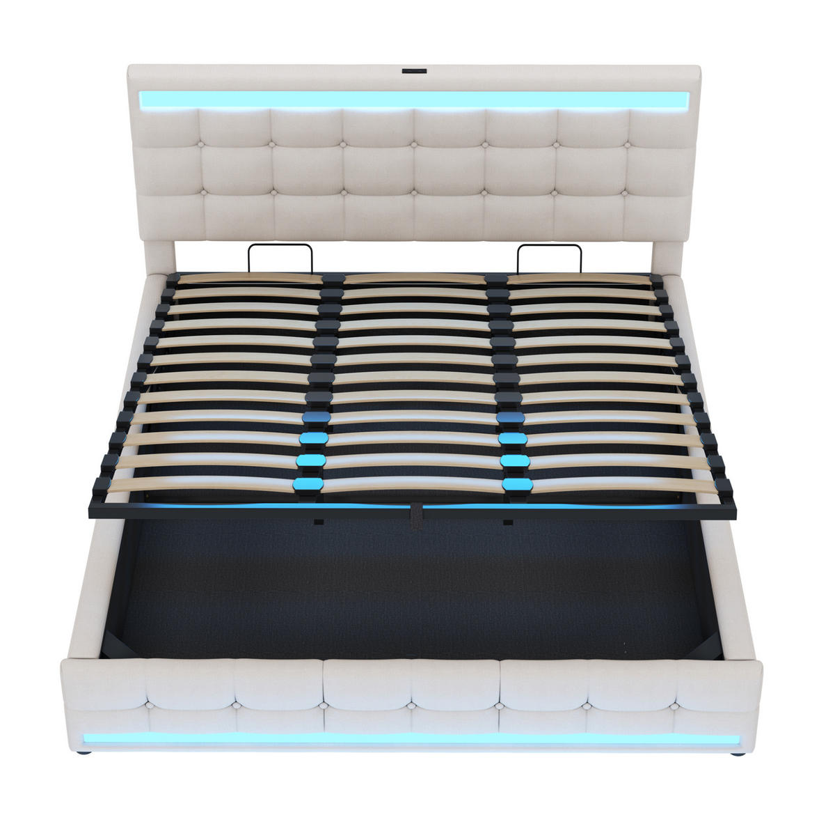 POLSTERBETT 180/200 cm Beige mit LED-Beleuchtung und USB-Anschlüssen - Beige, Textil (180/200cm) - OKWISH