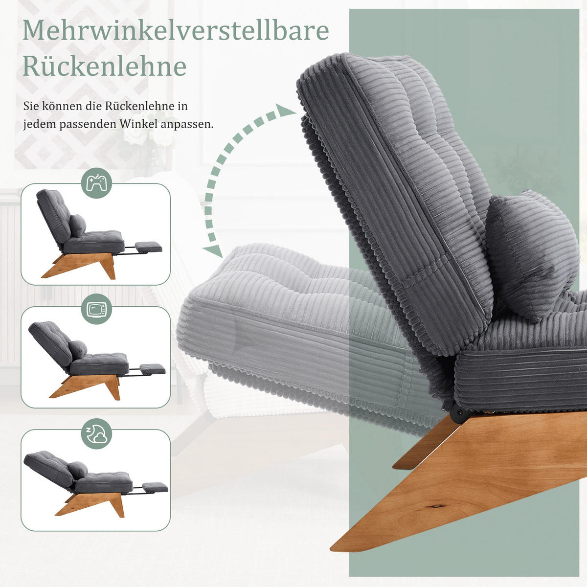 SCHAUKELSTUHL Dunkelgrau Cord mit Fußstütze, Lendenkissen und Holzbeinen - Dunkelgrau, Textil (73/90/127cm) - Oxeza