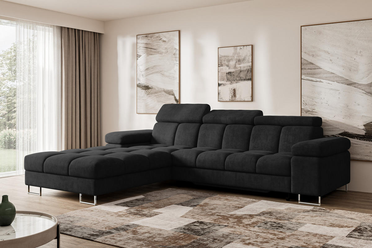 ECKSOFA mit Schlaffunktion Ottomane Links COMA L 271x203x79 Schwarz Velours - Schwarz, Holzwerkstoff/Textil (271/203cm) - ALTDECOR