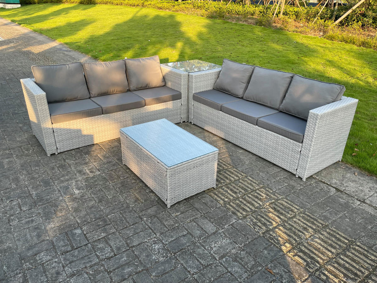 GARTENMÖBEL SET Polyrattan Helles Grau 6-Sitzer - Hellgrau, Metall - Fimous