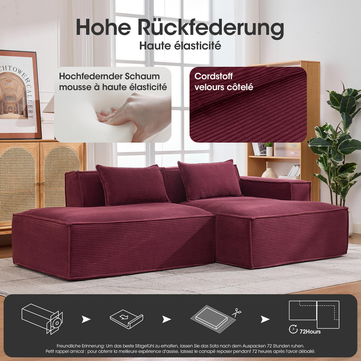 ECKSOFA Polyester Rot mit 2 Kissen - Weinrot, Textil (235/129cm) - WISHDOR