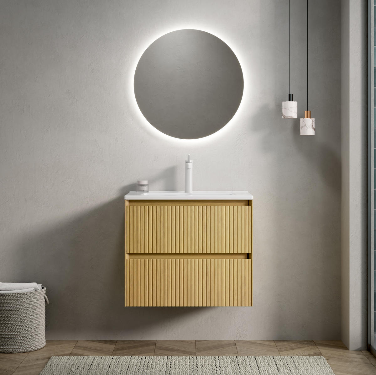 WASCHTISCHKOMBI 61 cm Goldene Eiche/Weiß aus Keramik mit Soft-Close - Eichefarben, Keramik (61/51.5/39cm) - OKMYHOME