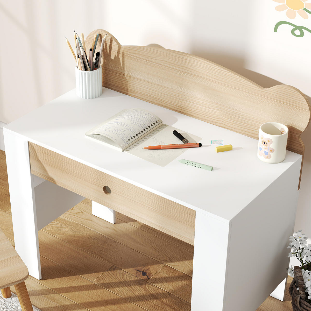 SCHREIBTISCH-SET DE-10474 mit Bärenform & Schublade Naturholz - Naturfarben, Holzwerkstoff (80/74.5/41cm) - ComfortXL