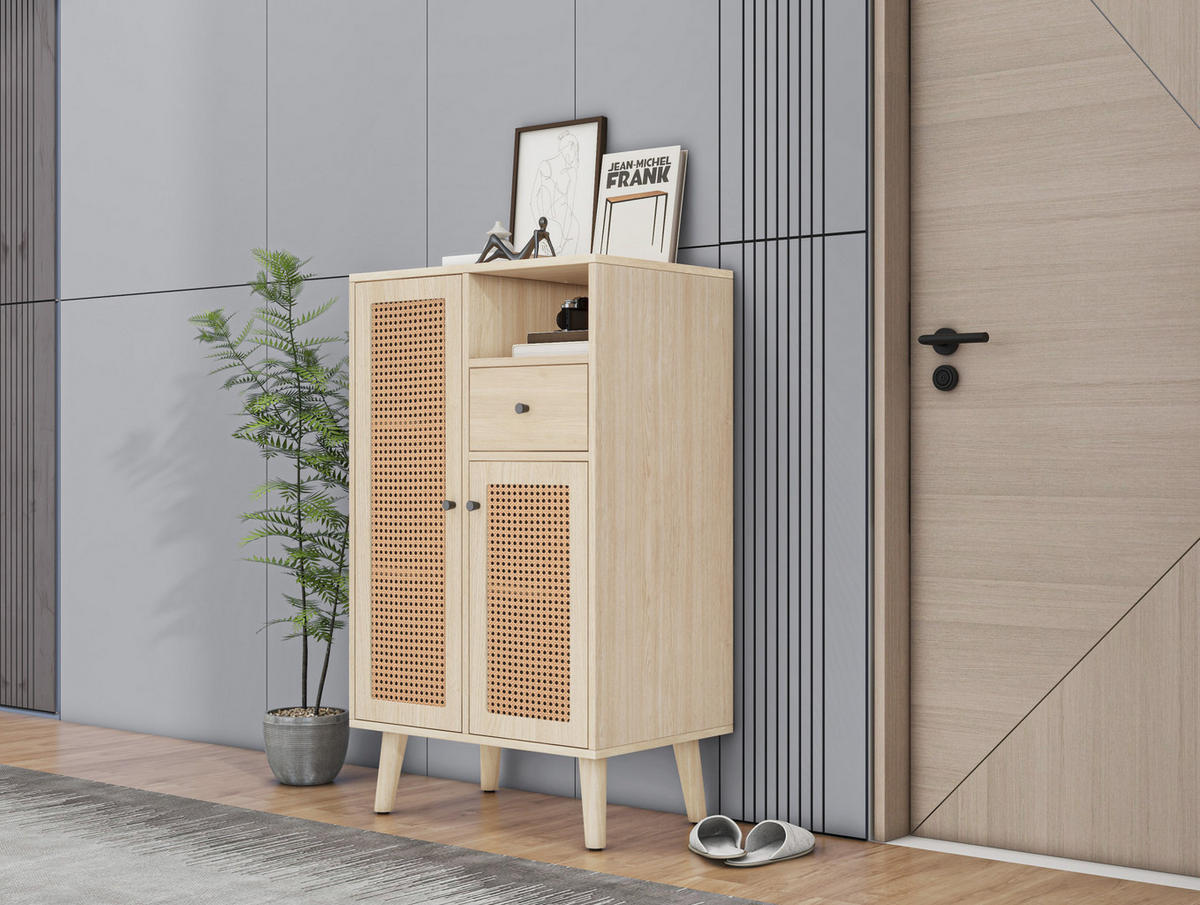 KOMMODE 60/40/101 cm in Eichefarben mit 2 Rattantüren und 1 Schublade - Eichefarben, Holzwerkstoff (60/101/40cm) - Flora Grace