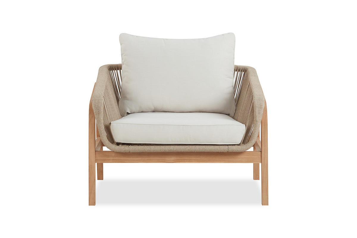 GARTENSITZGRUPPE - Teak massiv / Polyester - Braun / Beige - 5-teilig - Beige/Braun, Holz/Textil - home24