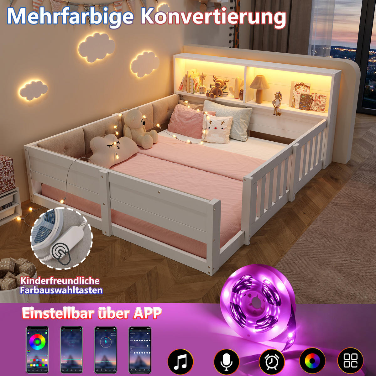 FLACHBETT 140x200cm Gitter Kinderbett LED Weiß - Weiß, Holzwerkstoff (140/200cm) - FLIEKS