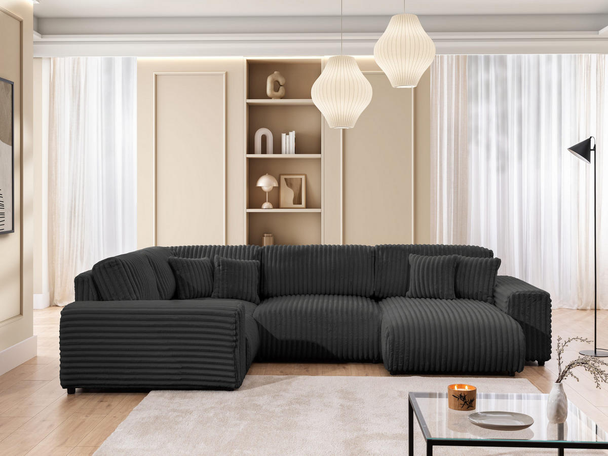 WOHNLANDSCHAFT Mollis Dunkelgrau Plüschcord im XXL-Format - Ottomane Rechts - Dunkelgrau/Schwarz, Holz/Kunststoff (316/77/194cm) - S-Style Möbel