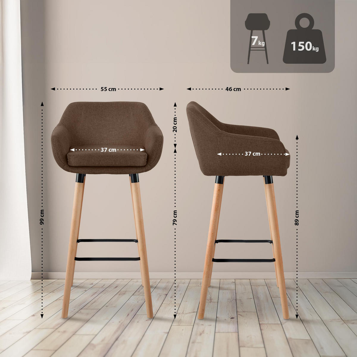 BARHOCKER Stoff Braun - Eukalyptusholzfarben/Braun, Holz/Textil (55/99/46cm) - CLP