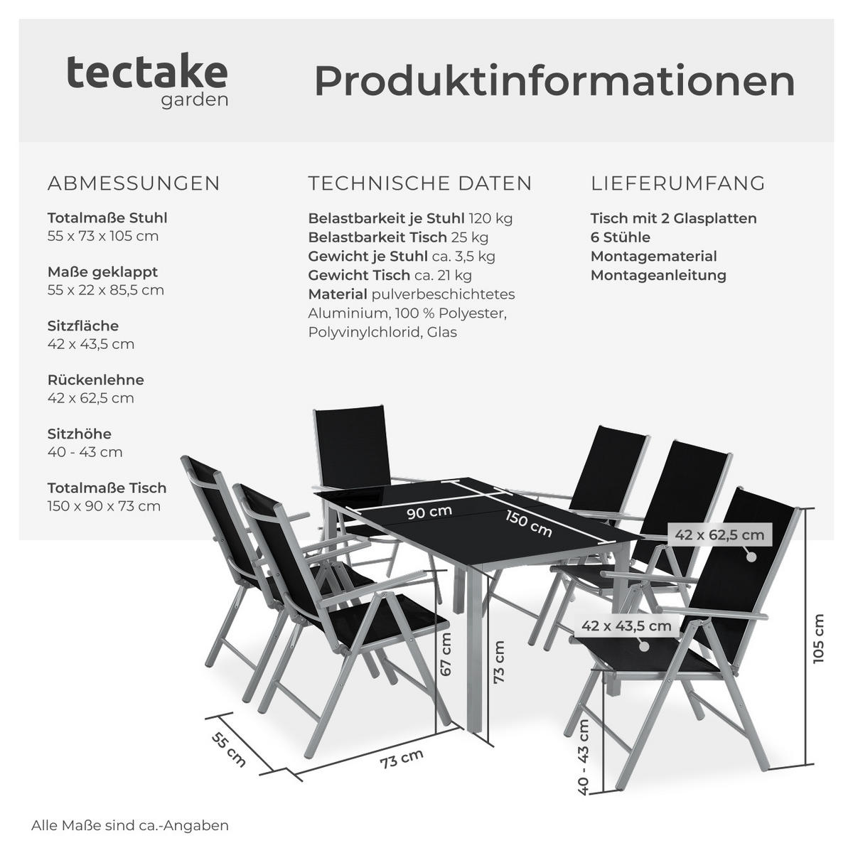 SITZGRUPPE Ercolano,Tisch mit Sicherheitsglasplatten und Ausgleichsschrauben,silber - Silberfarben, Naturmaterialien/Kunststoff - tectake