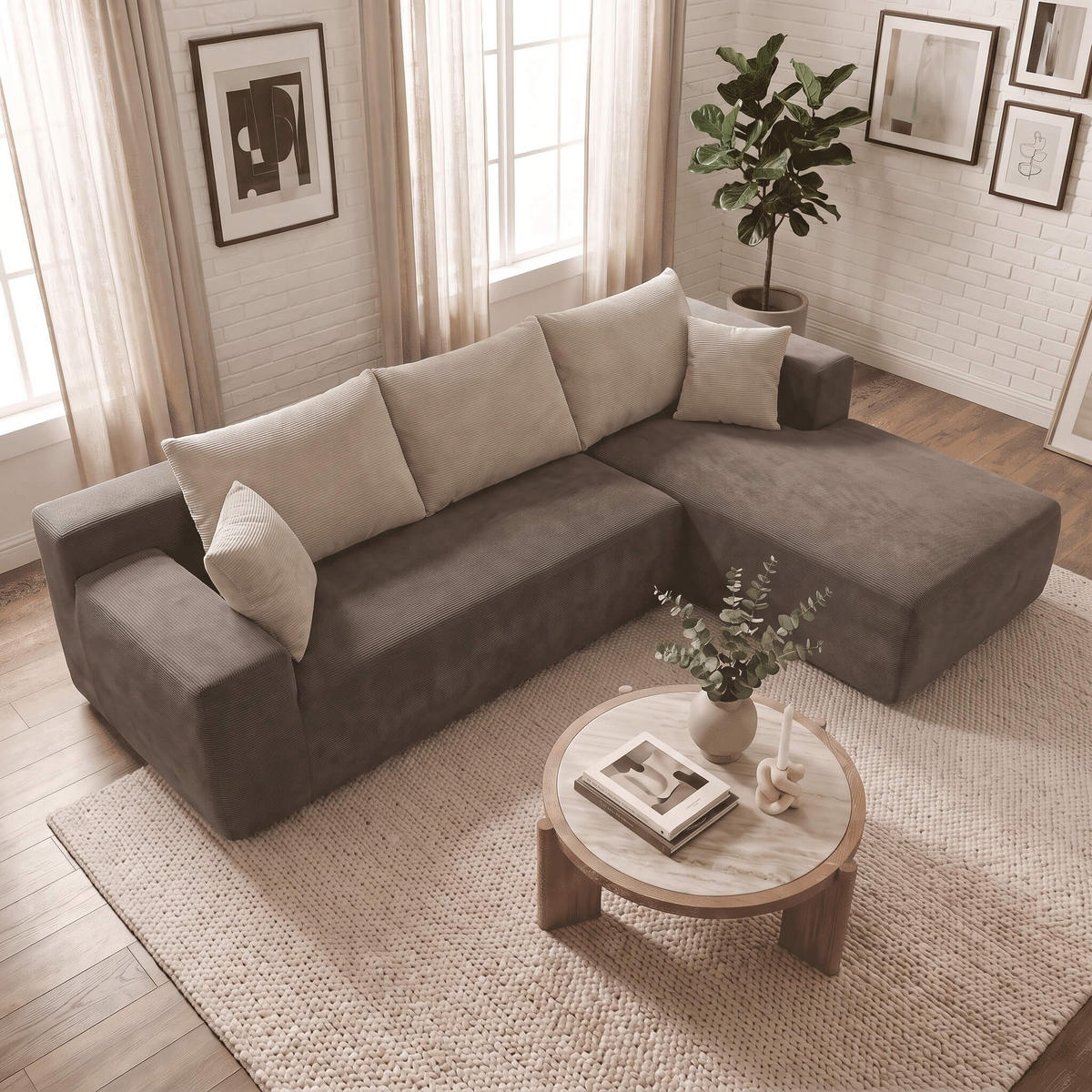 ECKSOFA Luna Braun Sand 3-Sitzer Rechts - Braun, Textil (267/175cm) - COCO Living