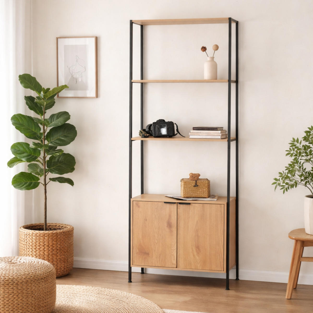 REGAL Tydie in Eiche und Schwarz 4 Ablageflächen und Schrank 176 cm - Braun, Holzwerkstoff (68/176/35cm) - Concept Usine