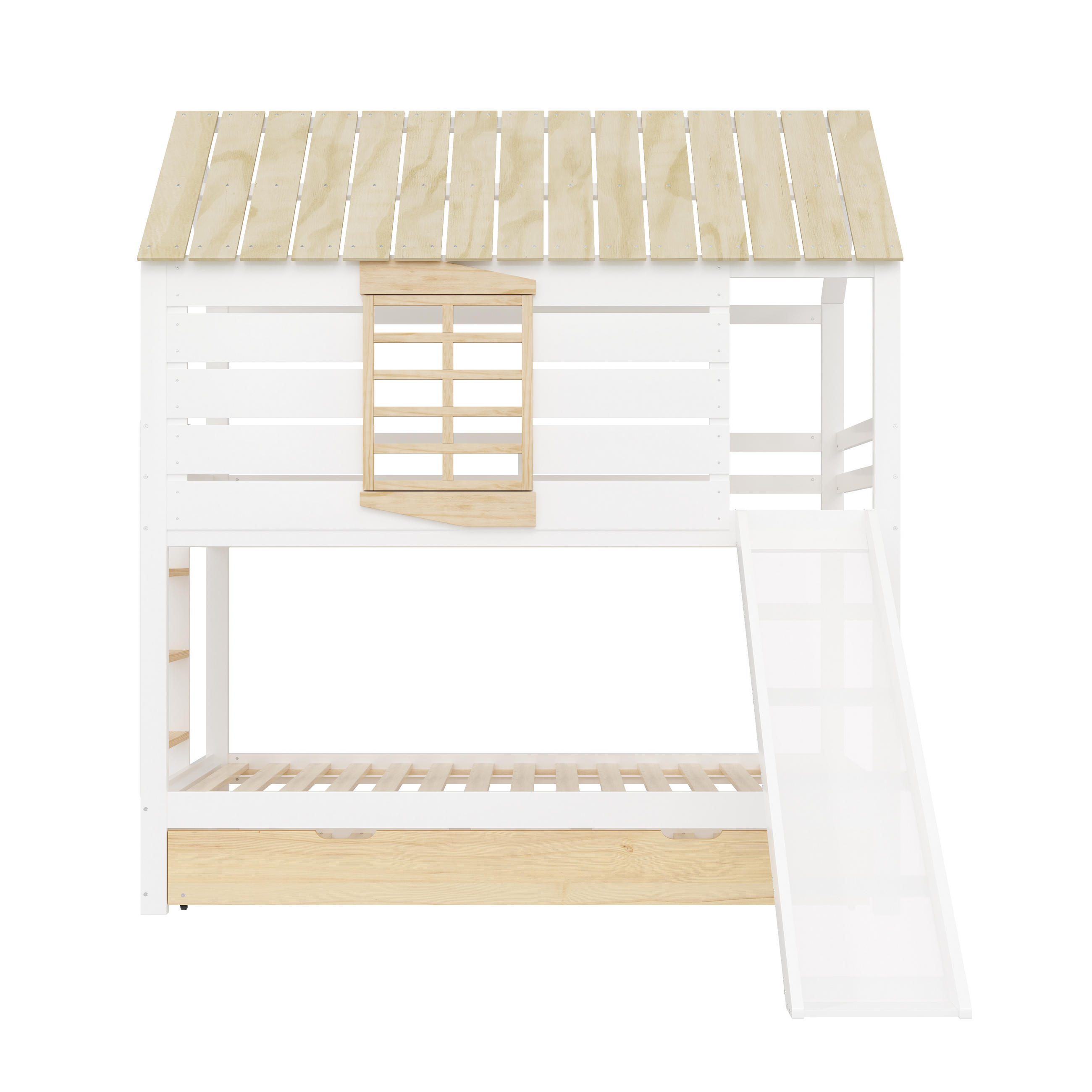 ETAGENBETT in Hausform mit Rutsche und Ausziehbett Weiß/Natural - Naturfarben, Holz (90/200cm) - ComfortXL