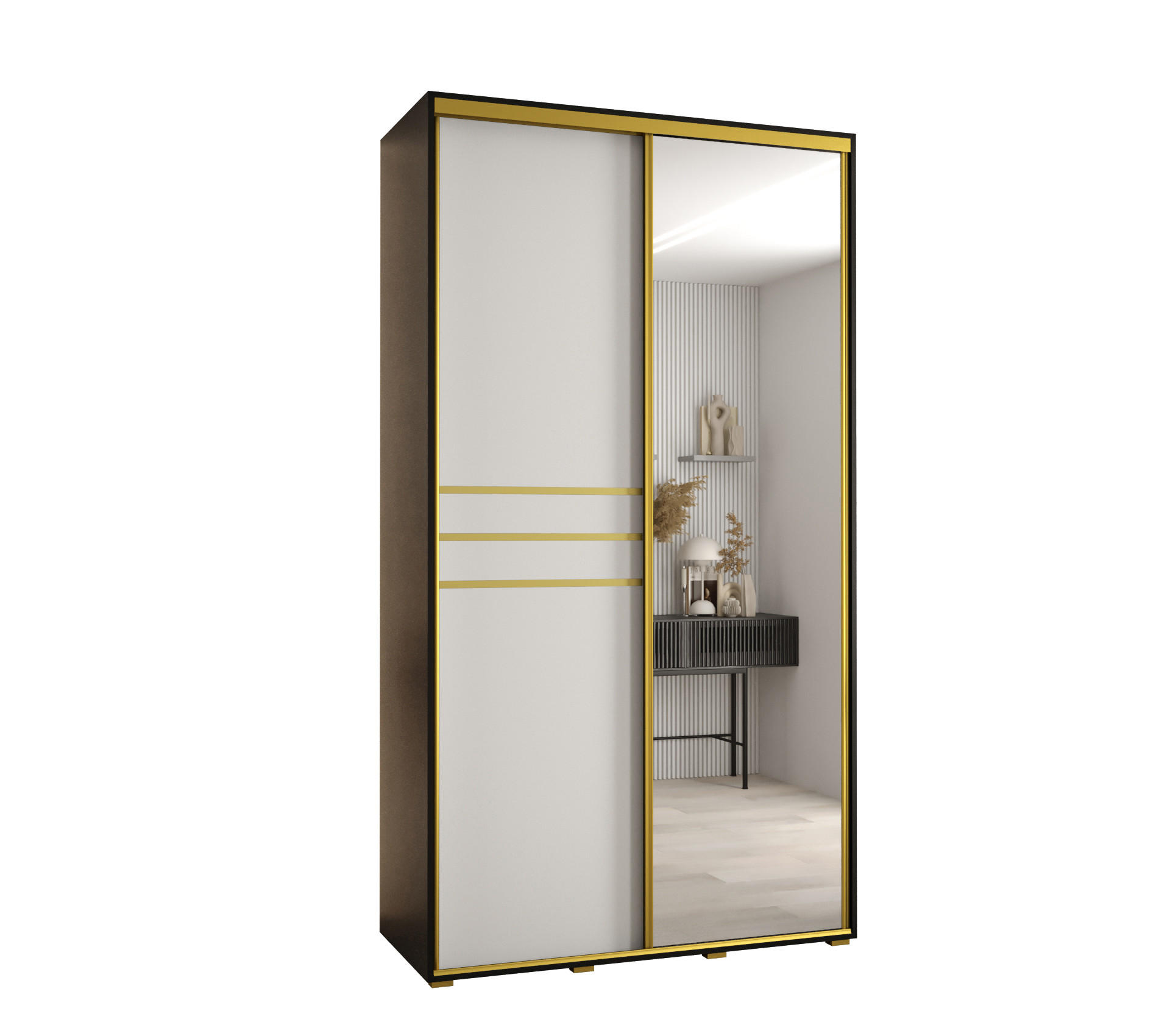 Abiks Möbel Schwebetürenschrank Schwarz, Weiß, Gold 140x235x45 cm