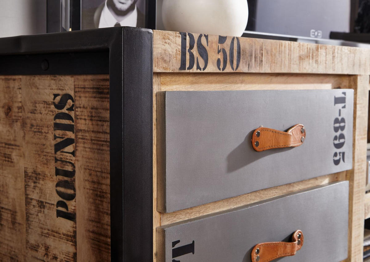 TV-BOARD Mango 200x45x66 natur bedruckt FACTORY #133 - Naturfarben, Holz (200/66/45cm) - Massivmoebel24