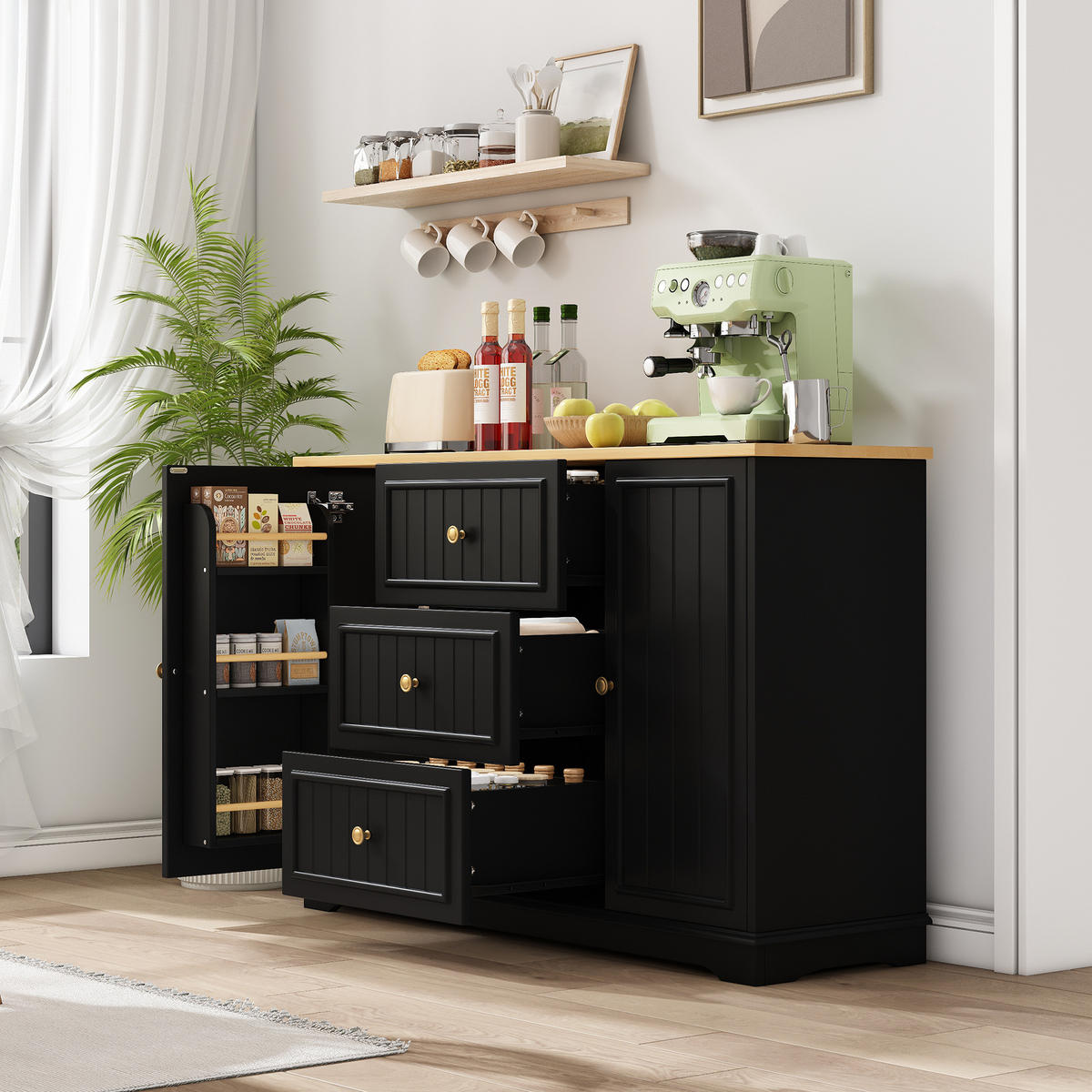 SIDEBOARD 126/40/86 cm Schwarz aus MDF mit 3 Schubladen und Türen - Schwarz, Holzwerkstoff (40/86/126cm) - OKWISH