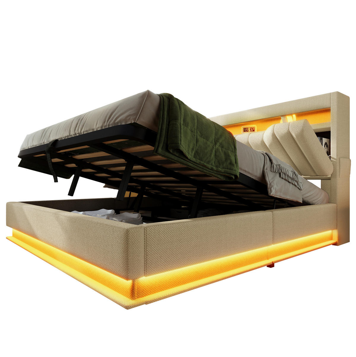POLSTERBETT 160/200 cm Beige aus Leinen mit Stauraum, LED und USB-/Type-C-Anschlüssen - Beige, Textil (160/200cm) - Flora Grace