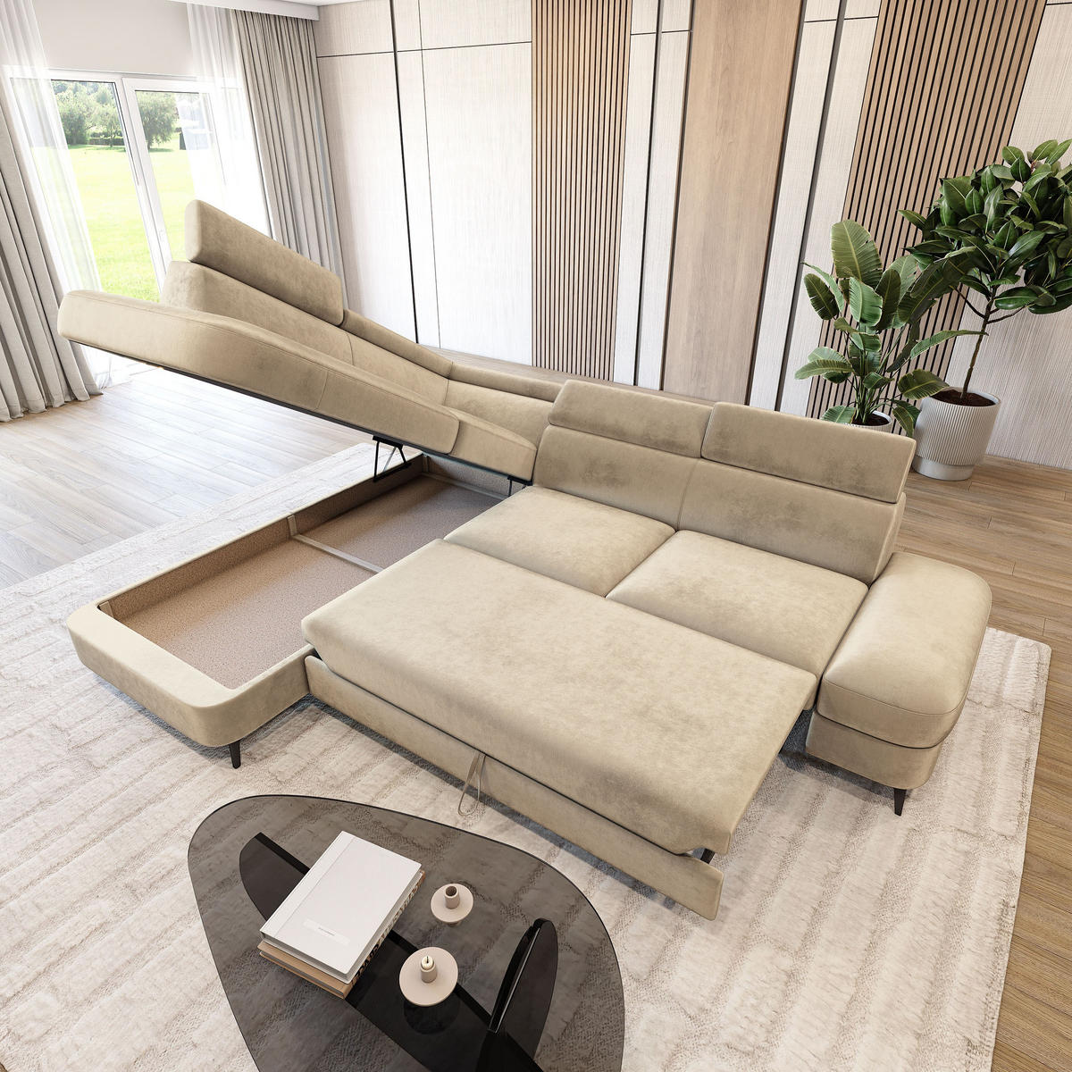ECKSOFA AVISE M L-S Creme Velours-Stoff mit Schlaffunktion - Creme, Holzwerkstoff/Textil (268/195cm) - MASSENO