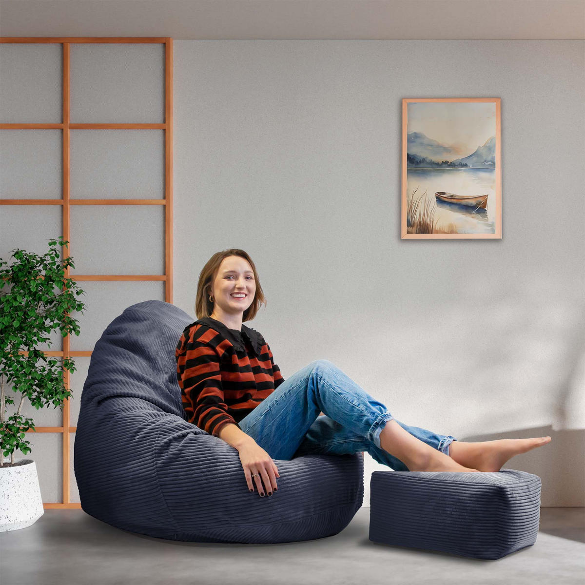 SITZSACK PARADISE MIT FUßSTÜTZE Kordsamt 2-tlg Blueberry Pie M - Dunkelblau, Textil (90/100/90cm) - Dreamroots